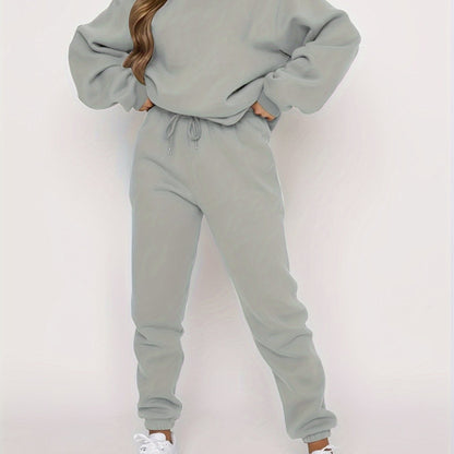 Solid Casual Two-piece Set, Crew Neck Top & Drawstring Jogger Pants