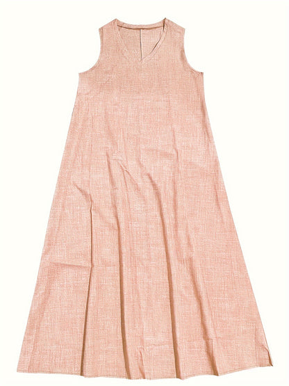 Vestido longo com decote em V, sem mangas, cor sólida, ideal para primavera e verão.