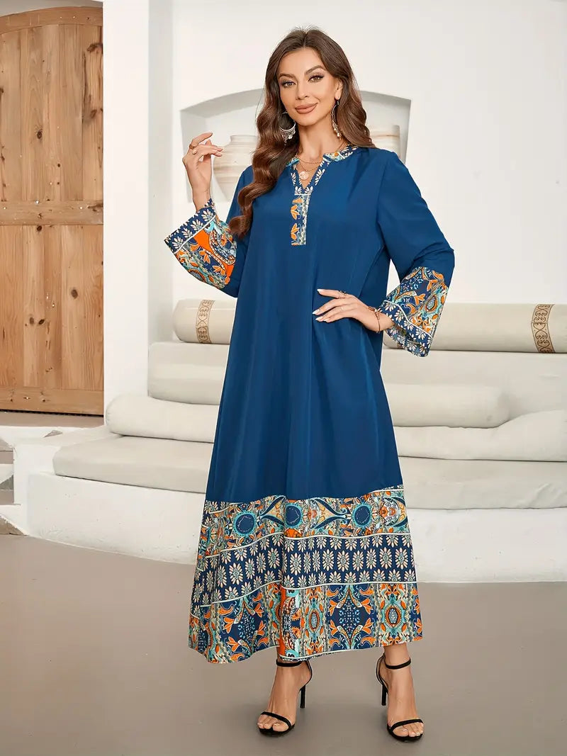 Ramadan Ethnic Print Kaftan – Elegant Long Sleeve Maxi Dress