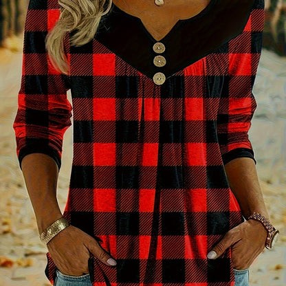Camiseta xadrez com decote em V para mulheres, estilo boho, mangas compridas.