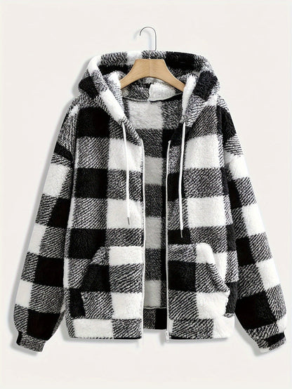 Plaid Hooded Zipper Coat, Casual Fall/Winter Outerwear
