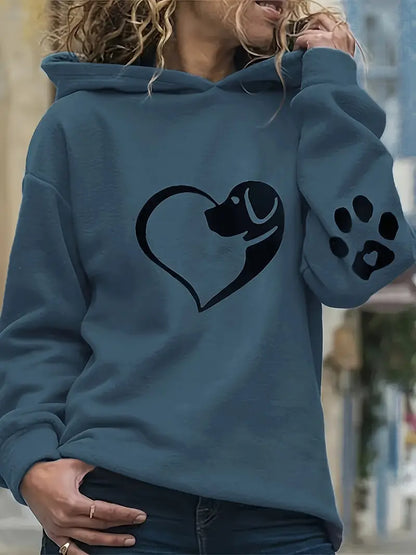 Dog & Heart Paw Print Hoodie – Casual Long Sleeve Sweatshirt