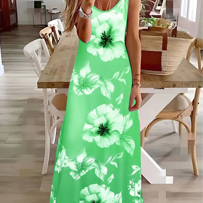 Vestido cami floral com alças finas, casual, comprimento até o tornozelo.