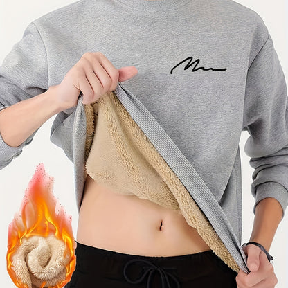 Men's Winter Fleece-Lined Sherpa Sweatshirt, Crew Neck, Casual Knit