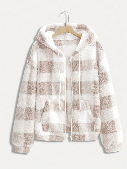 Plaid Hooded Zipper Coat, Casual Fall/Winter Outerwear