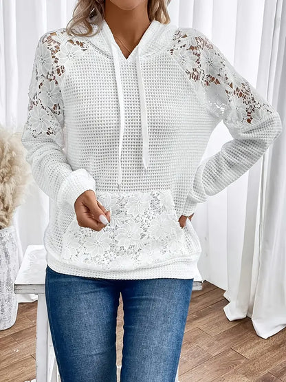 Women's Chic White Lace-Trimmed Hoodie – Casual Long Sleeve, Raglan Shoulders, Waffle Knit, Machine Washable