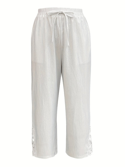 Chic Lace-Trimmed Elastic Waist Trousers - Breathable, Relaxed Fit for Spring & Summer - Womens Fashion Pants