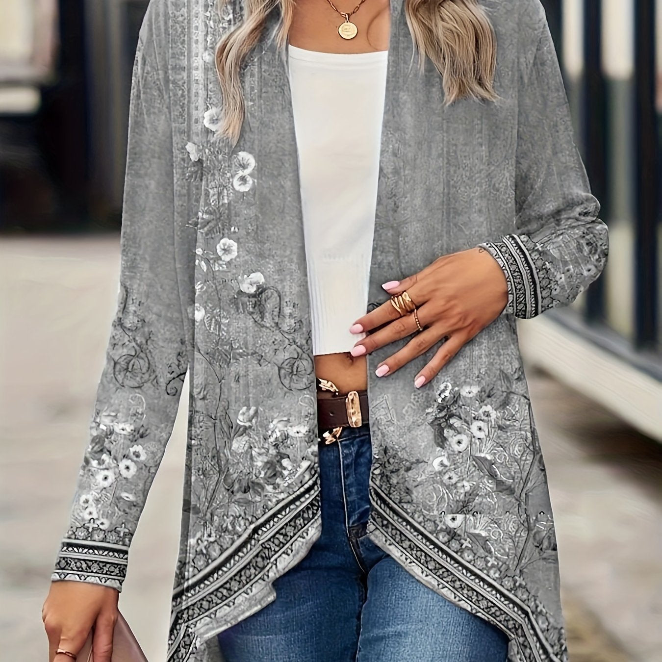 [Chic Floral Print Cardigan] Lightweight Polyester Blend Chic Floral Print Cardigan - Casual Long Sleeve Open Front Jacket, Machine Washable, Perfect for Spring & Fall