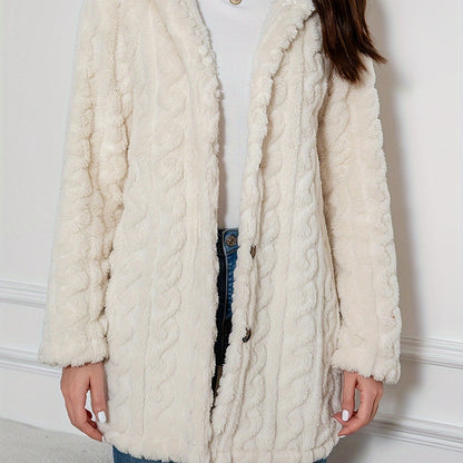 Elegant Knit Fur Coat with Hood & Double Buttons - Spring/Autumn