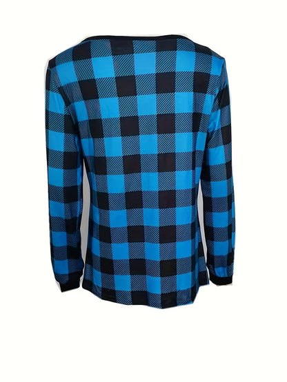 Camiseta xadrez com decote em V para mulheres, estilo boho, mangas compridas.