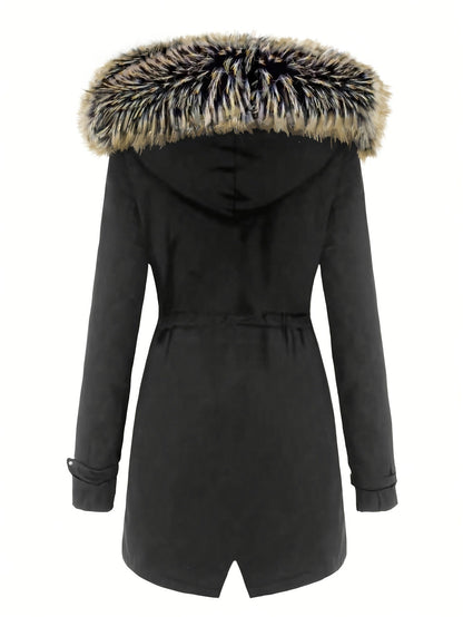 Zip-up Fuzzy Trim Hoodie Coat, Casual Faux Fur Lined, Drawstring Waist