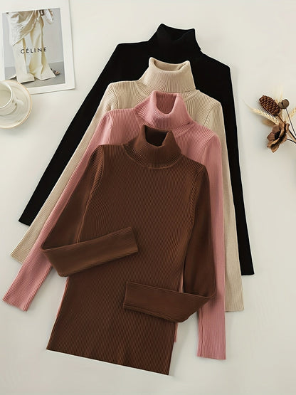 Solid Turtleneck Rib Knit Top 4-Pack - Casual Long Sleeve Slim Sweater