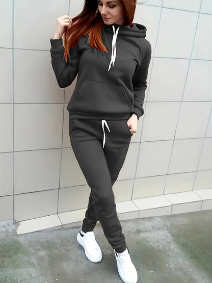 Solid Two-piece Set, Hoodie with Kangaroo Pocket & Drawstring Pants
