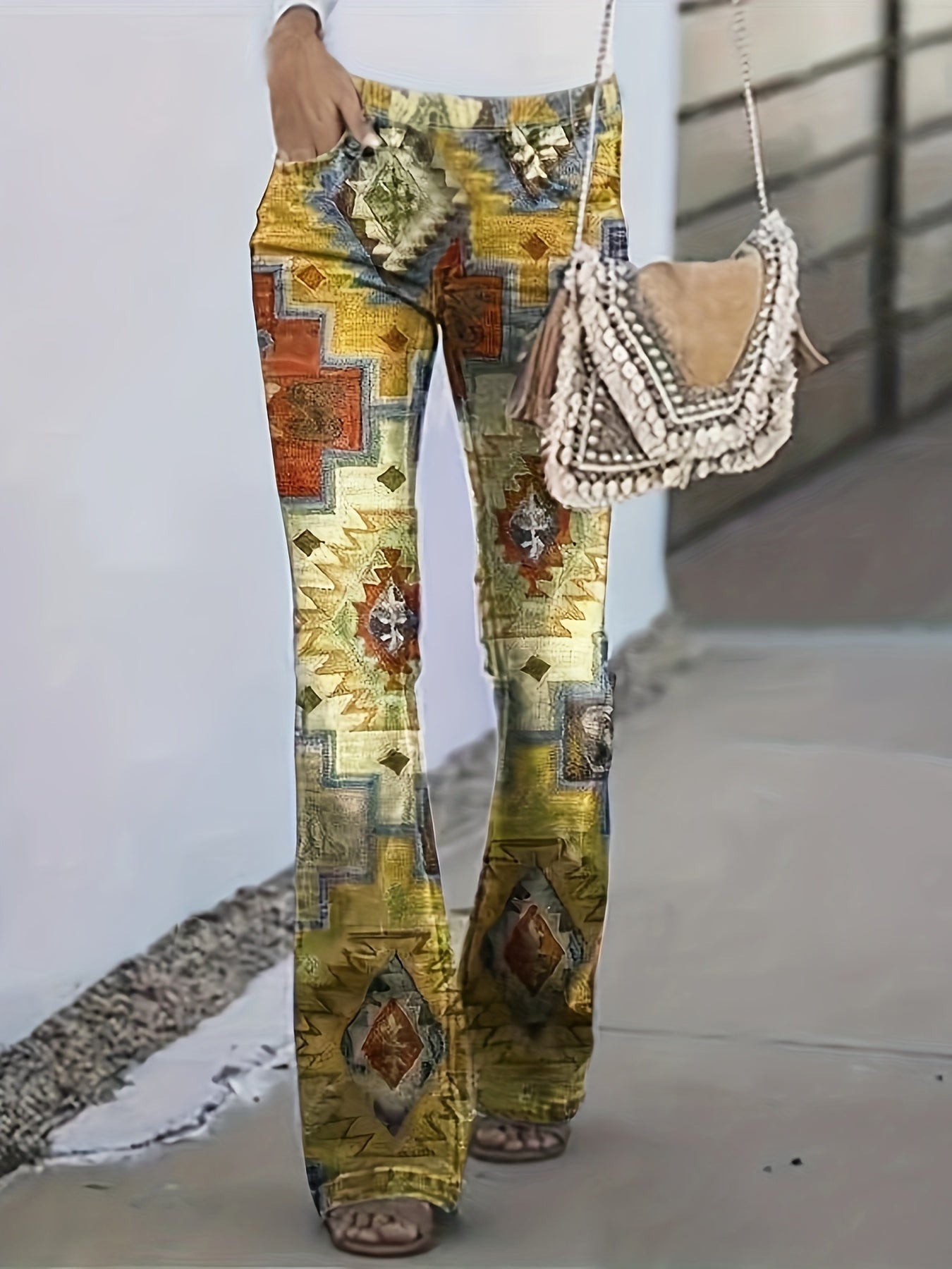 Calças modeladoras geométricas xadrez] Calças modeladoras digitais geométricas xadrez patchwork estampadas - Estilo europeu e americano - Micro calças boca de sino para mulheres
