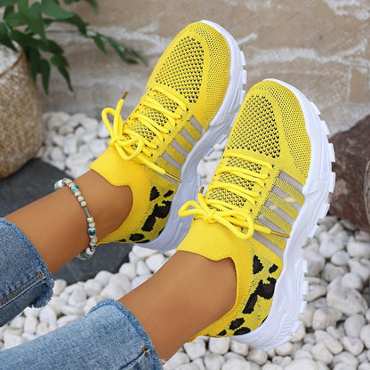 Women's Leopard Print Lace-up Running Shoes, Breathable Platform (Plus Size)