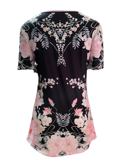 Charming Floral Print T-Shirt with Glamorous Faux Pearl Accents - Comfortable V Neck Short Sleeve Top - Ideal Casual Wear for Spring & Summer - Womens Fashion Essential
