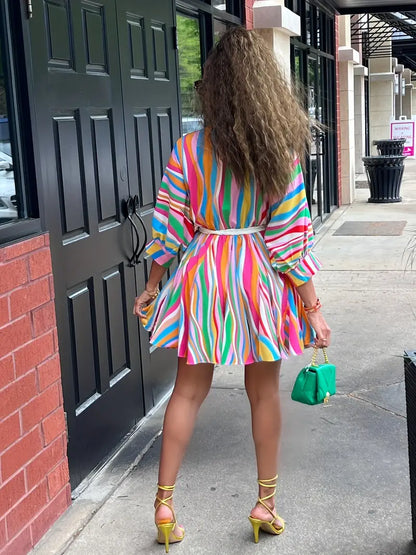 Colorful Striped V-Neck Belted A-Line Dress – Long Sleeve, Machine Washable, Vibrant Streetwear