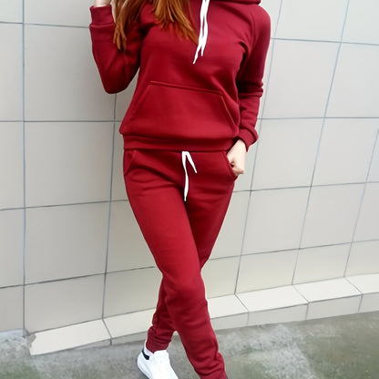 Solid Two-piece Set, Hoodie & Drawstring Pants