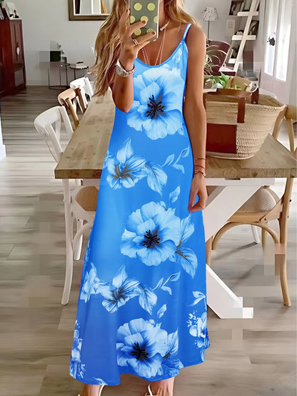 Vestido cami floral com alças finas, casual, comprimento até o tornozelo.