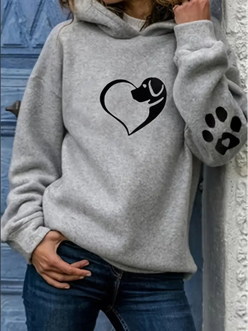 Dog & Heart Paw Print Hoodie – Casual Long Sleeve Sweatshirt