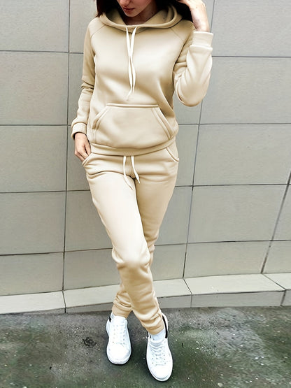 Solid Two-piece Set, Hoodie & Drawstring Pants
