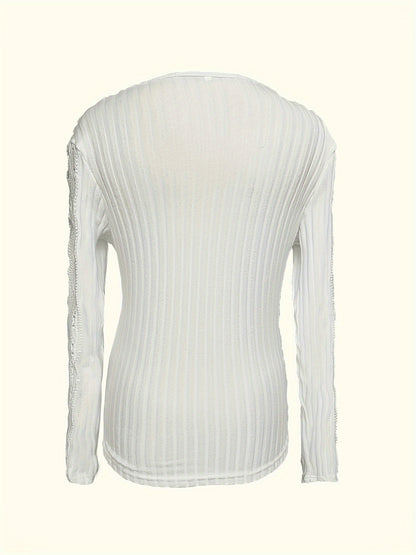 Lace Surplice Rib Knit Top, Long Sleeve, Casual for Spring/Fall.