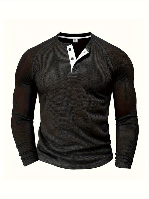 Camisa Henley Masculina Sólida, Manga Longa, Gola Redonda, Meio Botão