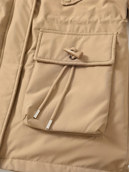 Zip-up Fuzzy Trim Hoodie Parka, Casual Drawstring Waist Winter Coat