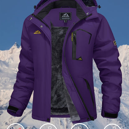 Women's Waterproof & Windproof Ski Jacket - Fleece Lined Thermal Winter Coat with Detachable Hood, Adjustable Cuff, and Zippered Pockets for Skiing, Hiking, and Outdoor Activities, Winter Outdoor Gear | Hooded Warmth Jacket | Waterproof Polyester