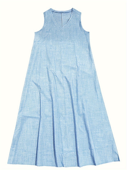 Vestido longo com decote em V, sem mangas, cor sólida, ideal para primavera e verão.
