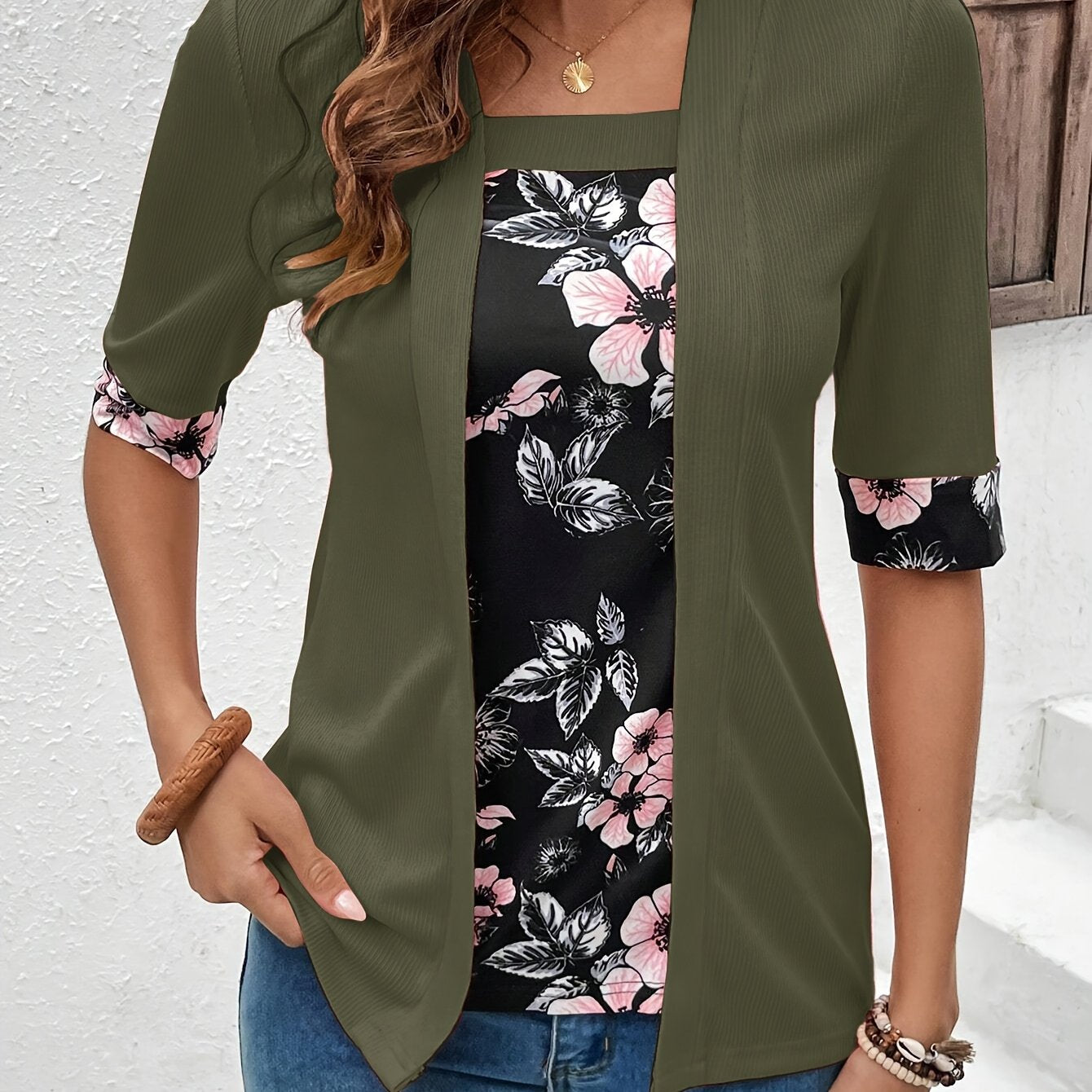 Floral Print Splice 2 In 1 T-shirt, Elegant Short Sleeve Square Neck Top, Women's Clothing