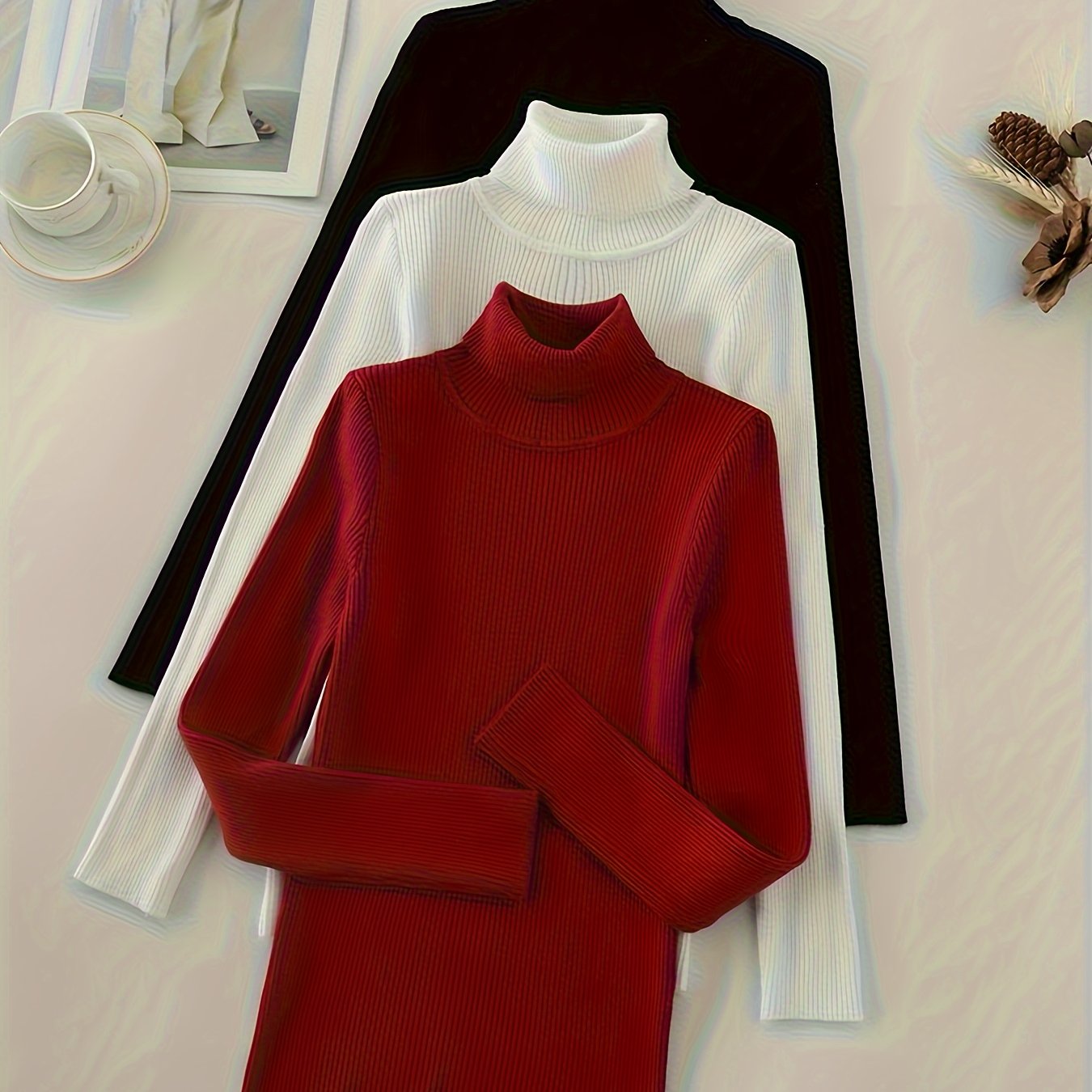 Turtleneck 3-Pack Sweaters - Casual Solid Color Long Sleeve for Fall & Winter