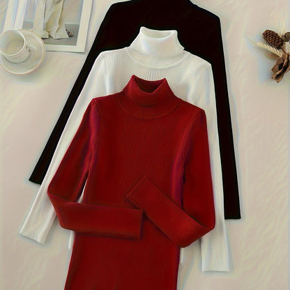 Turtleneck 3-Pack Sweaters - Casual Solid Color Long Sleeve for Fall & Winter