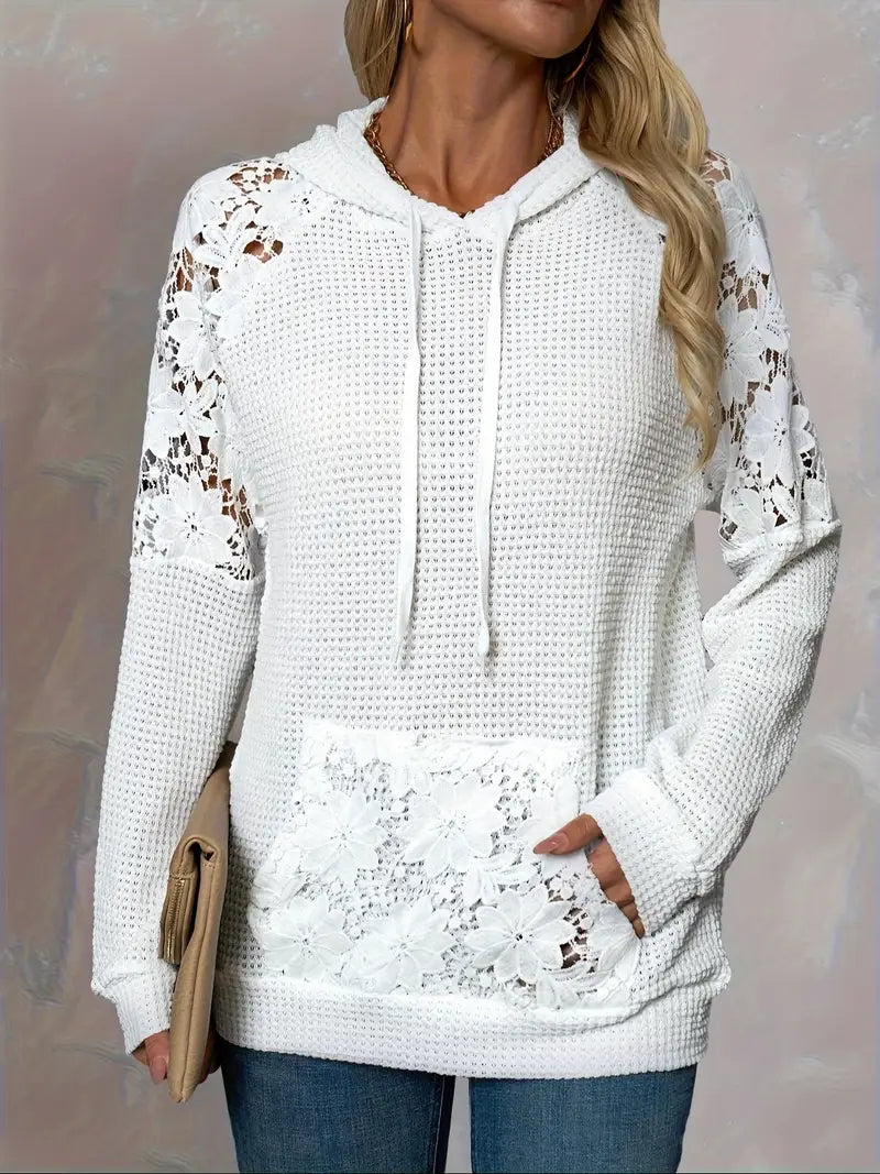 Women's Chic White Lace-Trimmed Hoodie – Casual Long Sleeve, Raglan Shoulders, Waffle Knit, Machine Washable