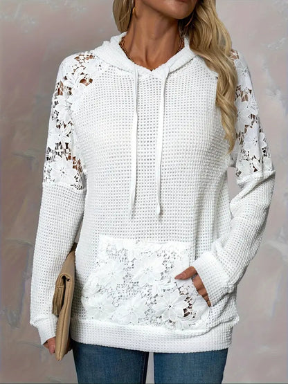 Women's Chic White Lace-Trimmed Hoodie – Casual Long Sleeve, Raglan Shoulders, Waffle Knit, Machine Washable