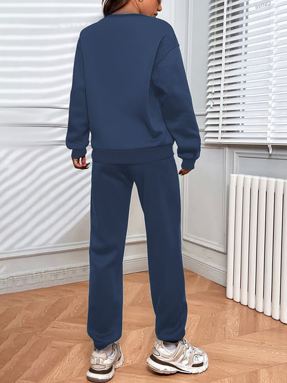 Solid Casual Two-piece Set, Crew Neck Top & Drawstring Jogger Pants