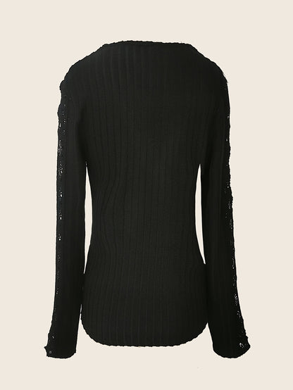 Lace Surplice Rib Knit Top, Long Sleeve, Casual for Spring/Fall.