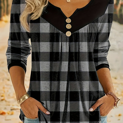 Camiseta xadrez com decote em V para mulheres, estilo boho, mangas compridas.