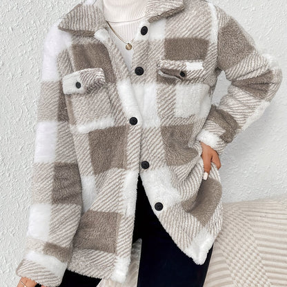 Elegant Plush Winter Jacket - Polyester and Elastane, Checkered Pattern, High Stretch Fabric, Machine Washable, Knitted Style