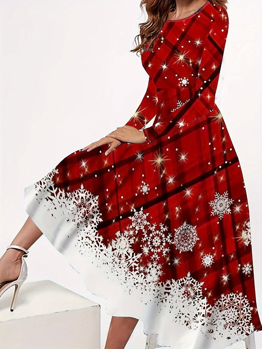Vestido midi de manga comprida com estampa natalina e gola redonda para outono e inverno.