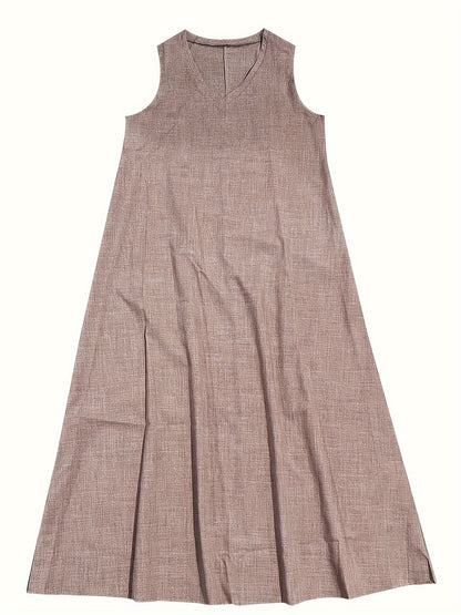 Vestido longo com decote em V, sem mangas, cor sólida, ideal para primavera e verão.