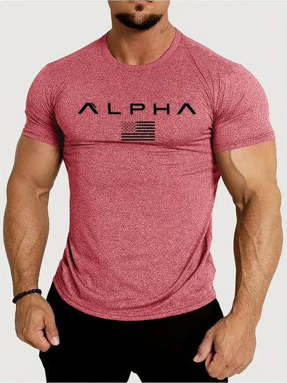 Men's Athletic Crew Neck T-Shirt – Quick-Dry, Alphabet Print, Skinny Fit, Short Sleeve