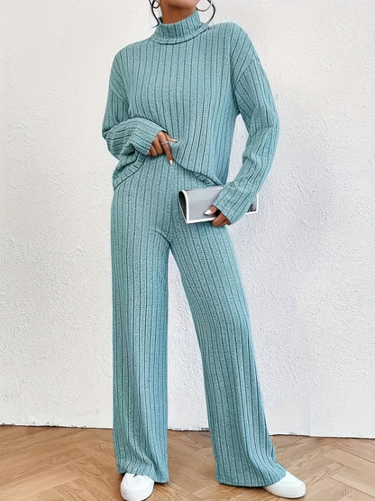 Solid Ribbed Two-piece Set, Mock Neck T-shirt & Wide Leg Pants