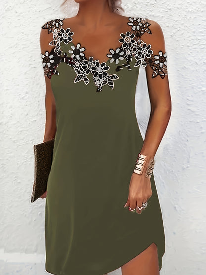 Vestido com ombros descobertos e apliques florais, decote em V, vestido casual para festas.