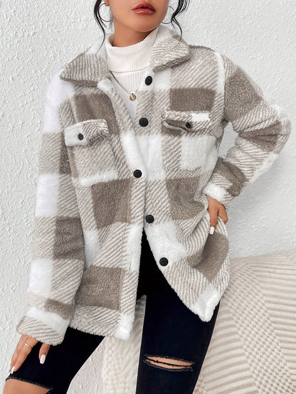 Elegant Plush Winter Jacket - Polyester and Elastane, Checkered Pattern, High Stretch Fabric, Machine Washable, Knitted Style