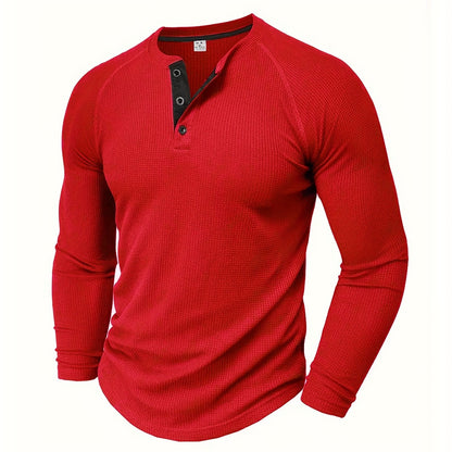 Camisa Henley Masculina Sólida, Manga Longa, Gola Redonda, Meio Botão