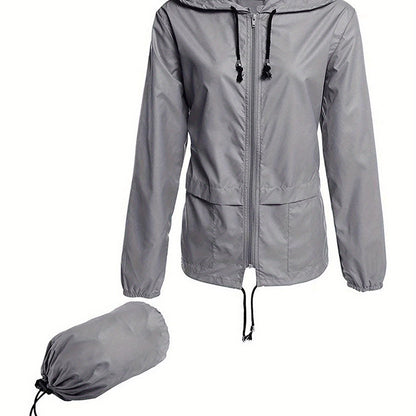 Women Packable Rain Jacket Outdoor Hooded Windbreaker with Adjustable Drawstring