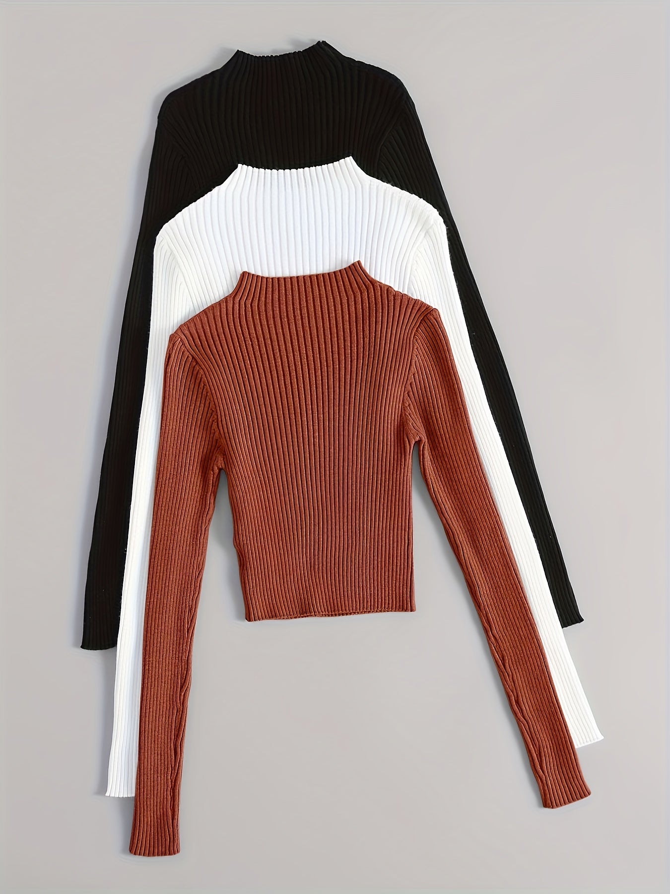 Solid Mock Neck Rib Knit Top 3-Pack - Casual Long Sleeve Slim Sweater