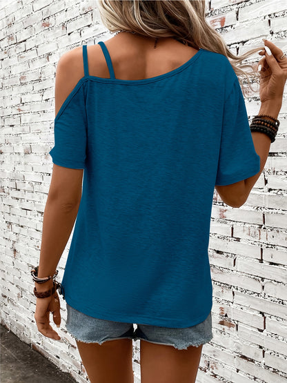 Stylish Heart Print One Shoulder Short Sleeve T-shirt - Elegant Asymmetrical Polyester Top with Micro Elasticity - Perfect for Summer, Womens Regular Length Knit Fabric Clothing
