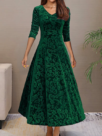 Vestido longo liso, decote em V, manga comprida, estilo elegante para primavera/outono.